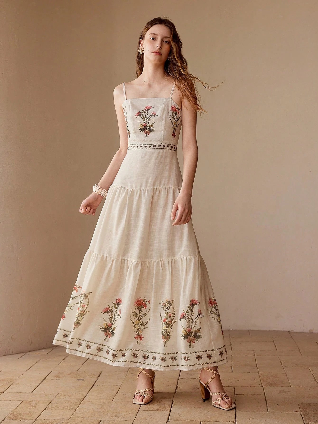 Robe Évasée Imprimé Floral Bretelles Fines Midi