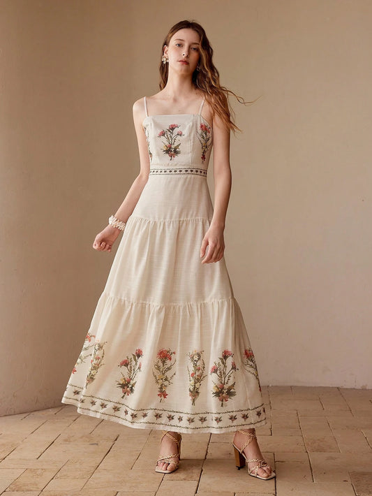 Robe Évasée Imprimé Floral Bretelles Fines Midi