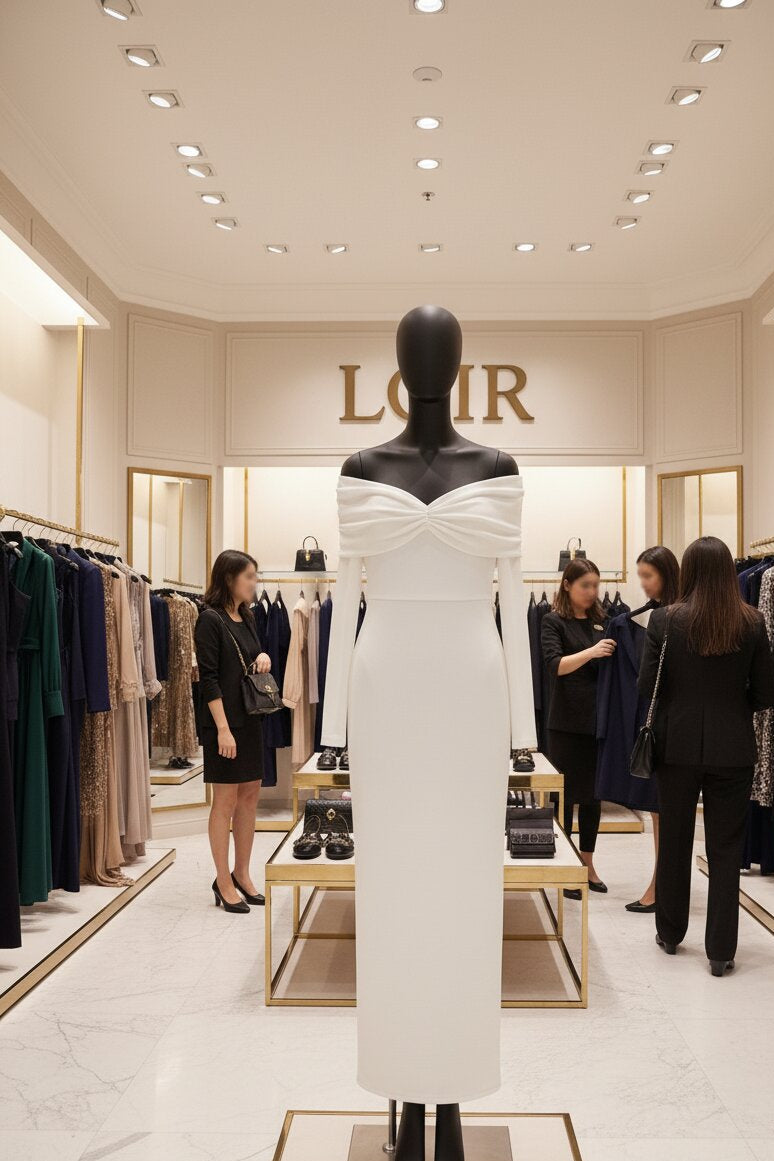 Robe Amara drapée à épaules dénudées et ligne sculptée