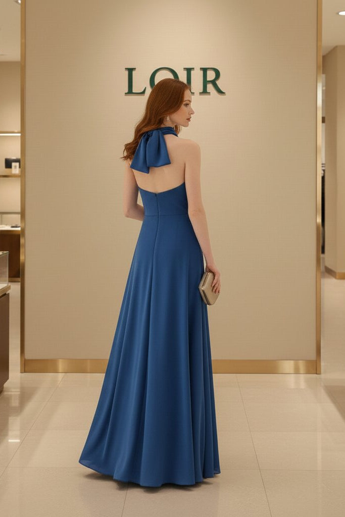 Robe Ophélie en satin drapé bleu profond