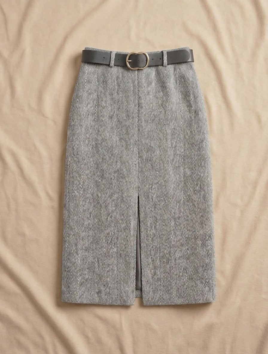 Jupe Midi Imprimé Chevron Ceinturée Noir