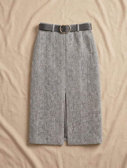 Jupe Midi Imprimé Chevron Ceinturée Noir