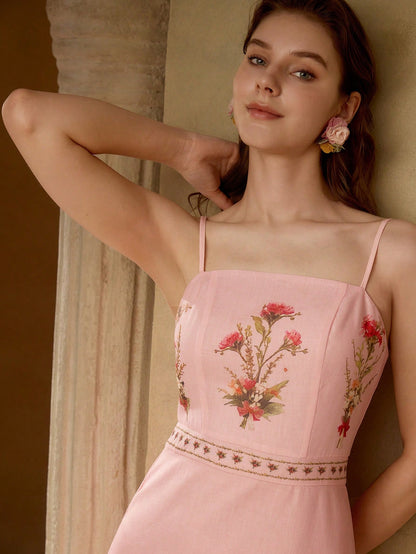 Robe Évasée Imprimé Floral Bretelles Fines Midi