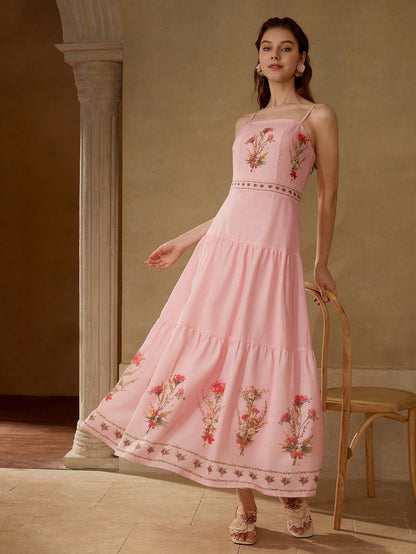 Robe Évasée Imprimé Floral Bretelles Fines Midi