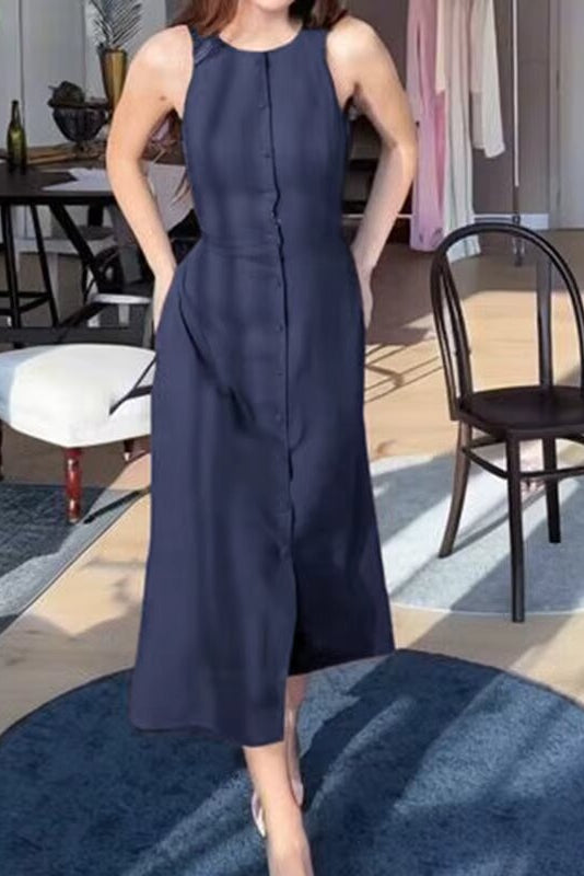 Robe Camille sans manches boutonnée en toile légère