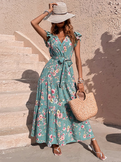 Robe d'Été Ceinturée Manches Papillons Floral Volanté