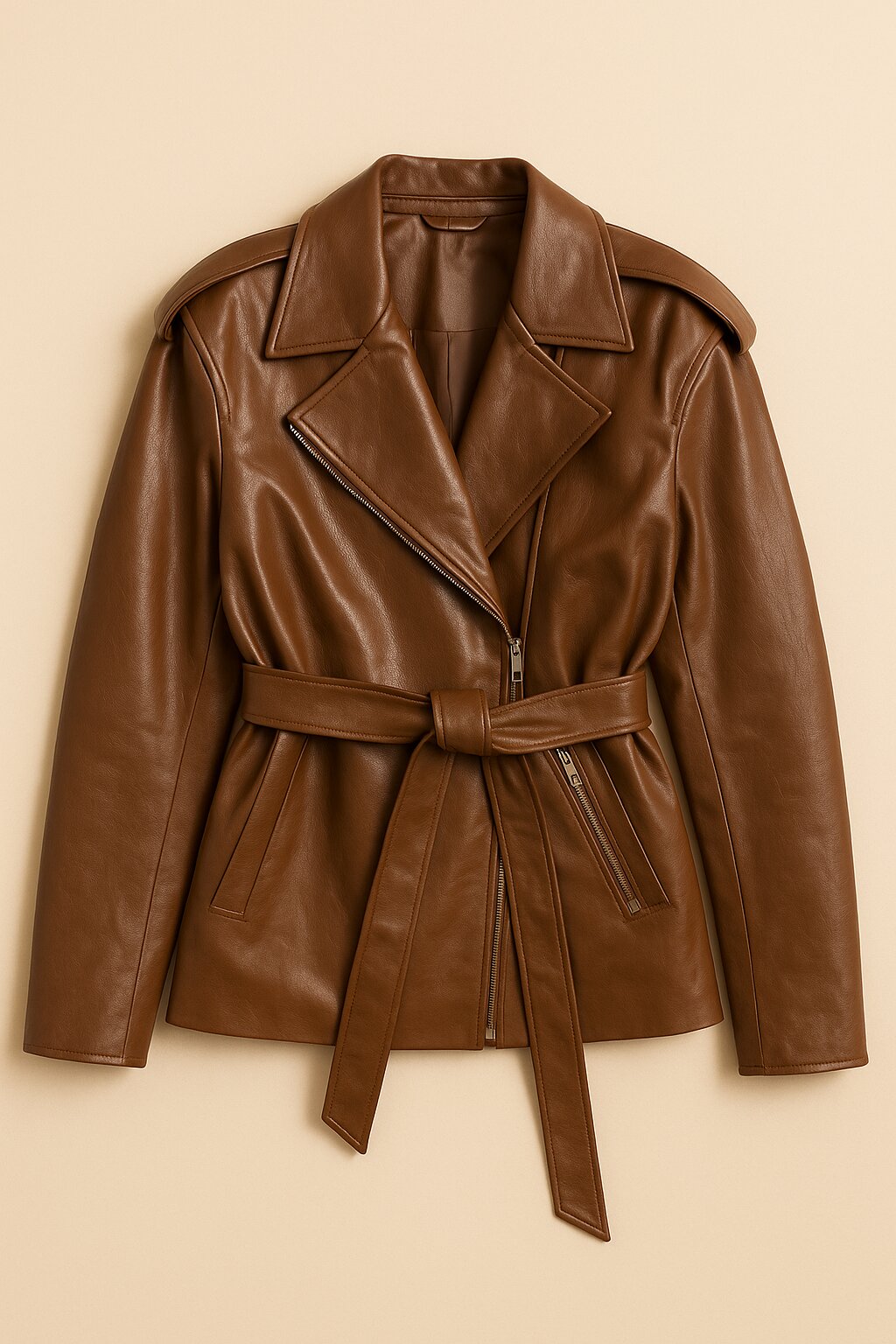 Manteau Élodie en cuir souple avec poches et ceinture nouée