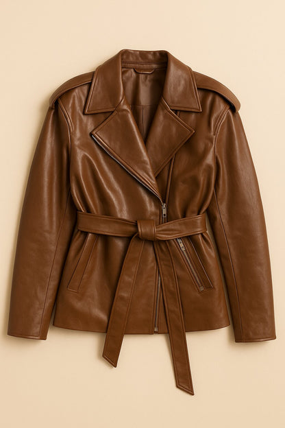 Manteau Élodie en cuir souple avec poches et ceinture nouée