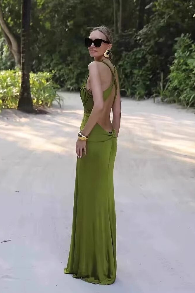 Robe Ophéliane satinée à encolure plongeante et nœud central