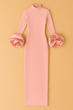 Robe Élise longue en rose poudré avec manches bouffantes en satin