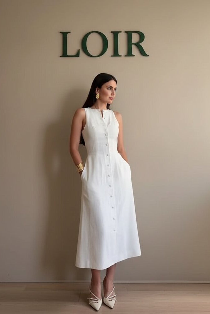 Robe Camille sans manches boutonnée en toile légère