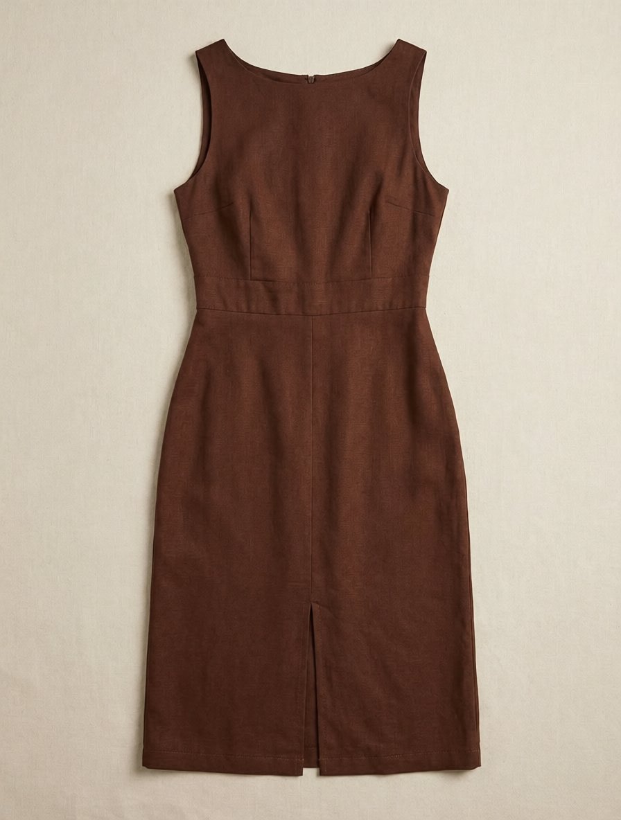 Robe en Lin à Bretelles Larges et Fente Midi