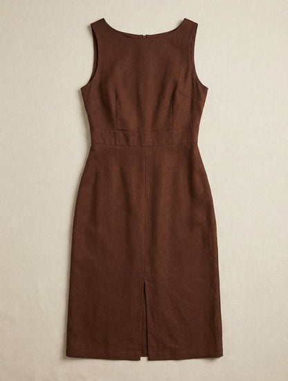 Robe en Lin à Bretelles Larges et Fente Midi