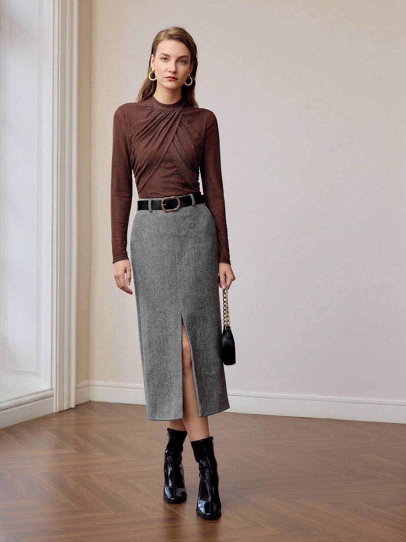 Jupe Midi Imprimé Chevron Ceinturée Noir