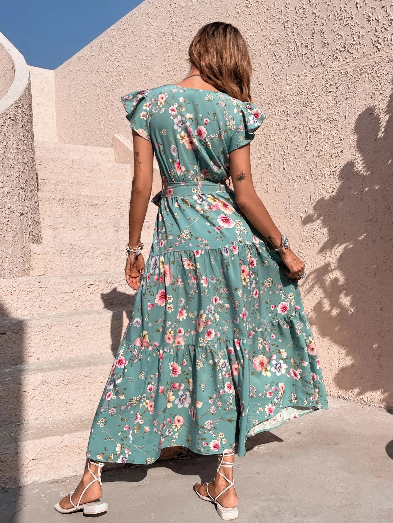 Robe d'Été Ceinturée Manches Papillons Floral Volanté