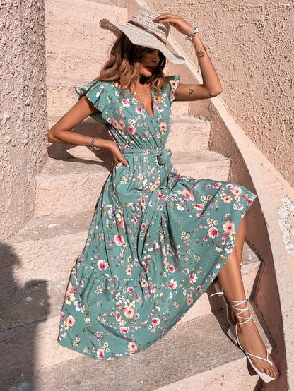 Robe d'Été Ceinturée Manches Papillons Floral Volanté