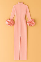 Robe Élise longue en rose poudré avec manches bouffantes en satin