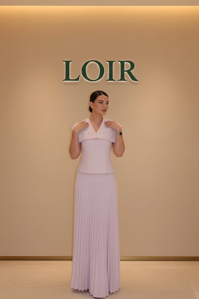 Ensemble Ambrine haut châle et jupe plissée