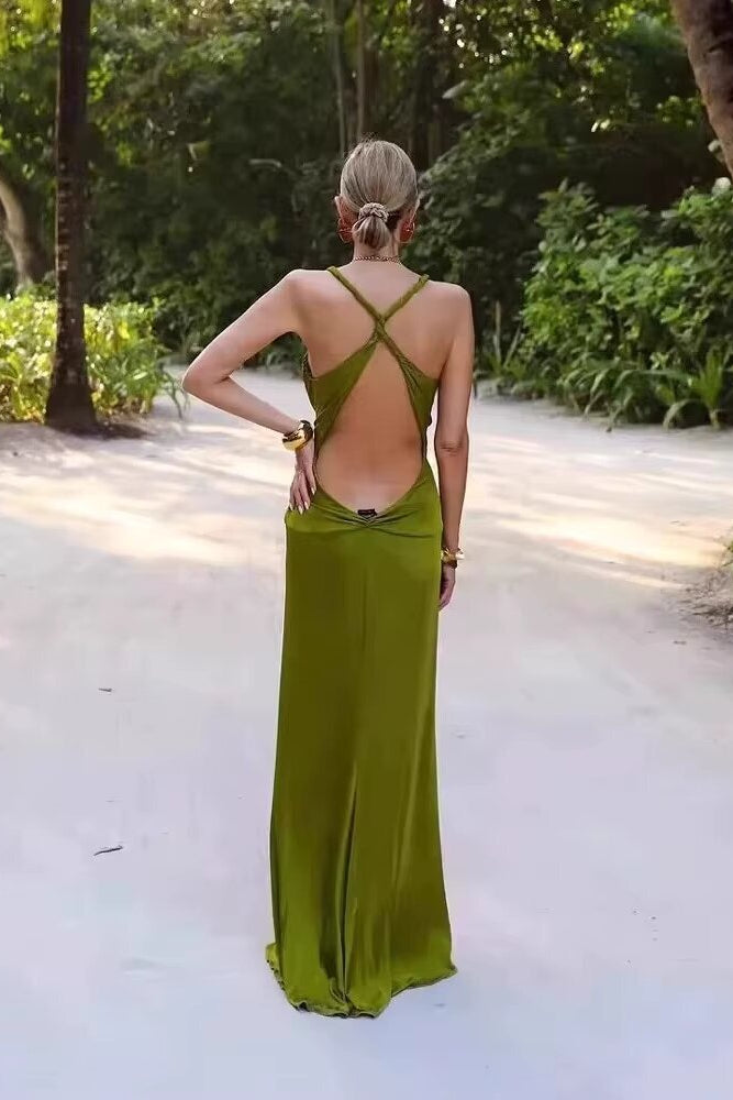 Robe Ophéliane satinée à encolure plongeante et nœud central