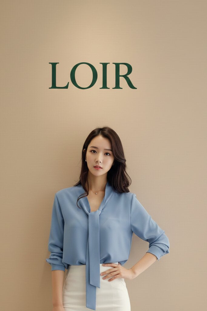 Chemisier Anaïs en bleu ciel à lavallière souple