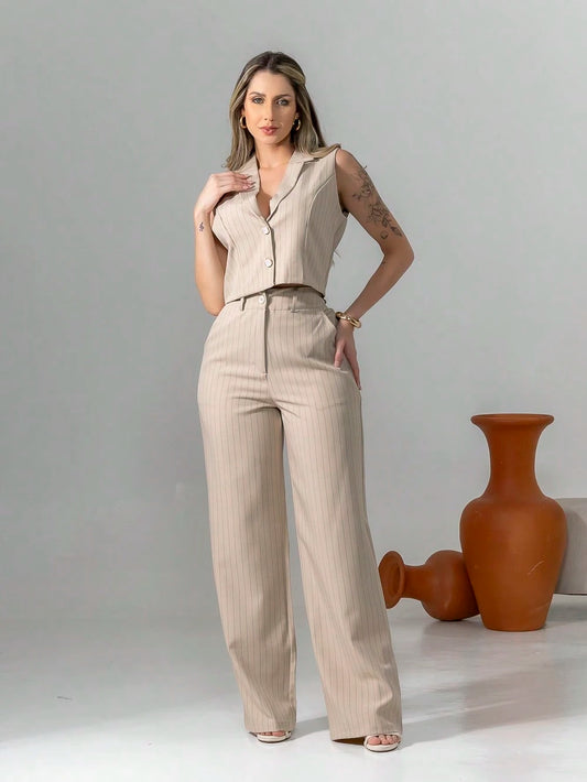 Ensemble Gilet et Pantalon Palazzo à Rayures Signature