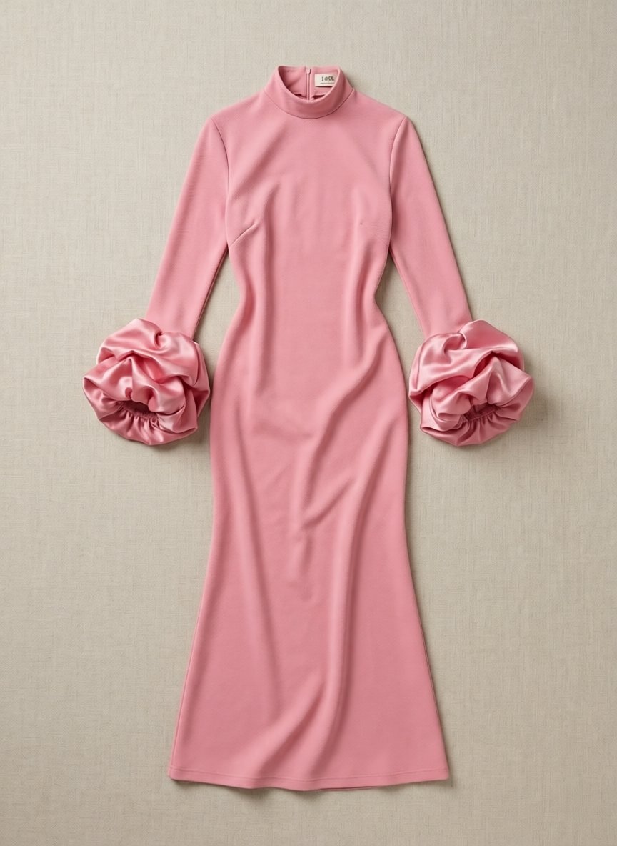 Robe Longue à Manches Bouffantes Col Haut