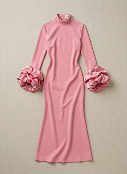 Robe Longue à Manches Bouffantes Col Haut