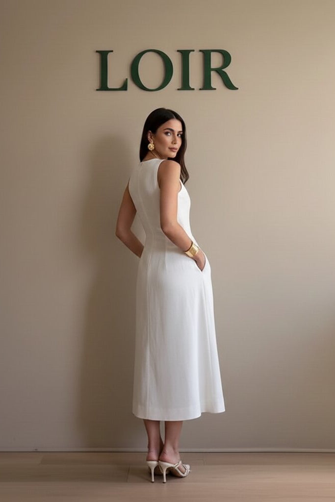 Robe Camille sans manches boutonnée en toile légère