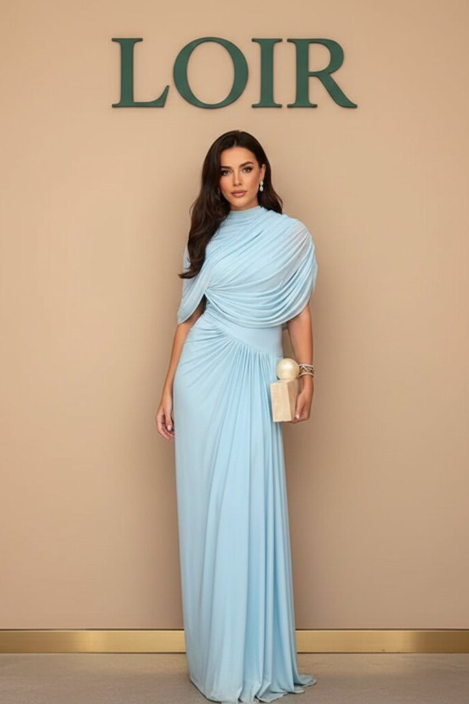 Robe Élise drapée en jersey bleu à taille haute