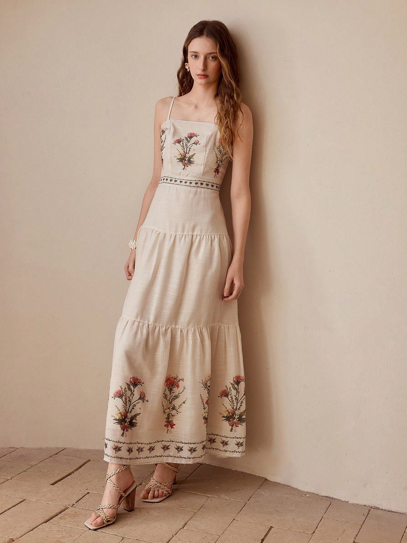 Robe Évasée Imprimé Floral Bretelles Fines Midi