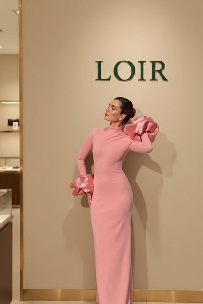 Robe Longue à Manches Bouffantes Col Haut