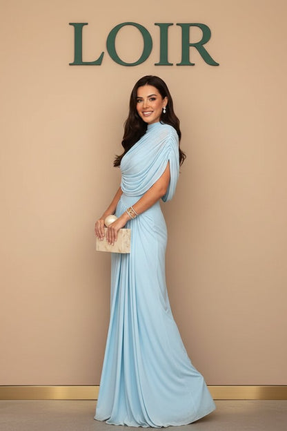 Robe Élise drapée en jersey bleu à taille haute