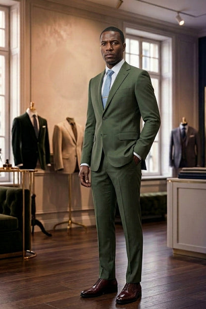 Costume Diplomate à Revers en Pointe Vert Militaire Tailoring