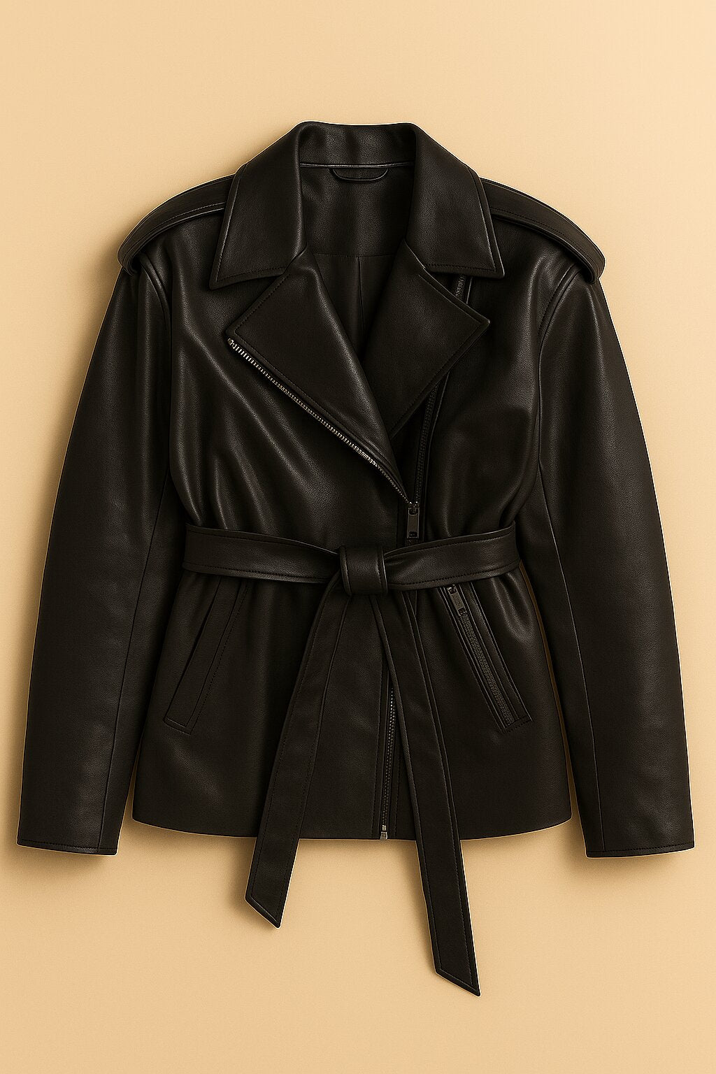 Veste Élodie en cuir souple avec poches et ceinture nouée