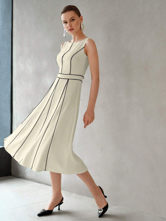 Robe Midi Plissé à Passepoil Contrasté