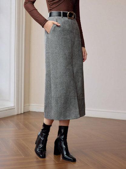 Jupe Midi Imprimé Chevron Ceinturée Noir