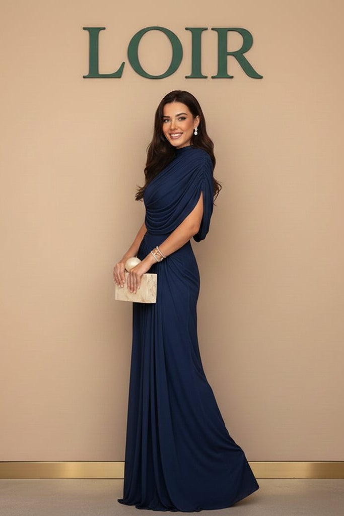 Robe Élise drapée en jersey bleu à taille haute