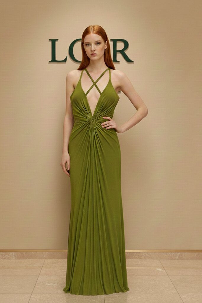 Robe Ophéliane satinée à encolure plongeante et nœud central