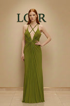 Robe Ophéliane satinée à encolure plongeante et nœud central