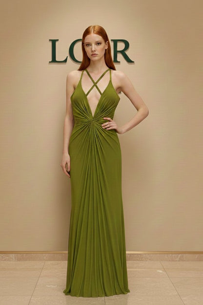 Robe Ophéliane satinée à encolure plongeante et nœud central