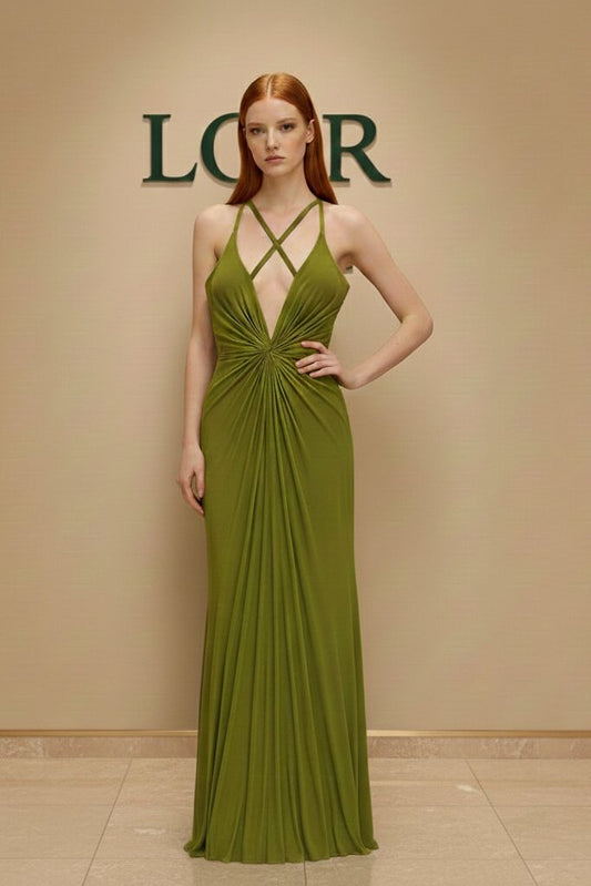Robe Ophéliane satinée à encolure plongeante et nœud central