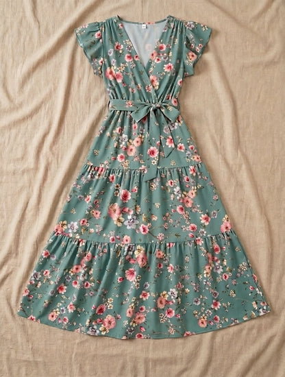 Robe d'Été Ceinturée Manches Papillons Floral Volanté