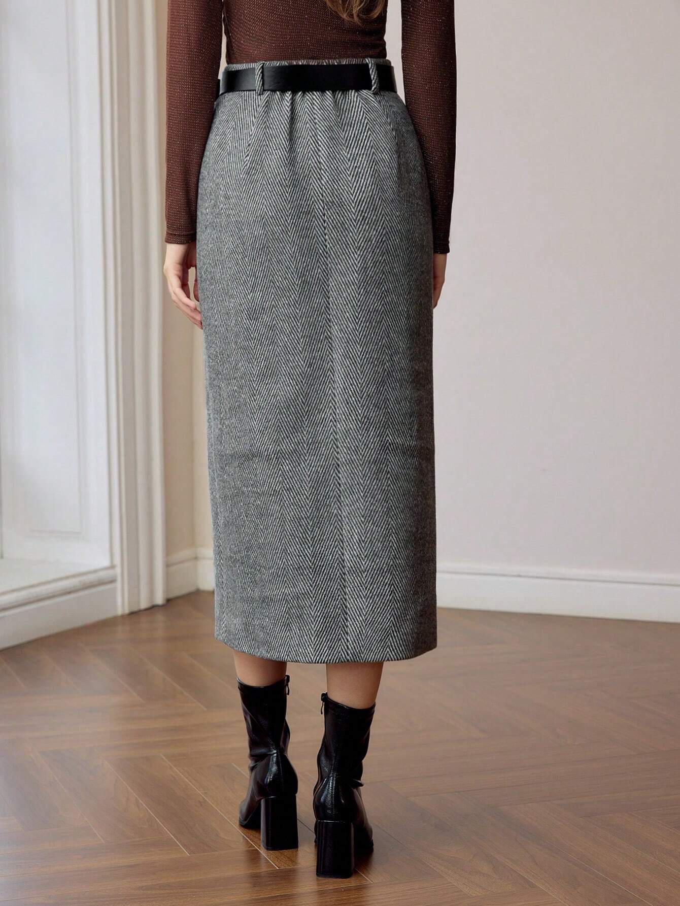 Jupe Midi Imprimé Chevron Ceinturée Noir