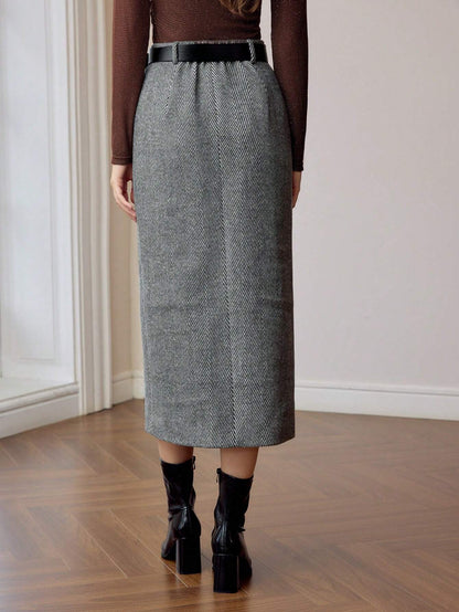 Jupe Midi Imprimé Chevron Ceinturée Noir