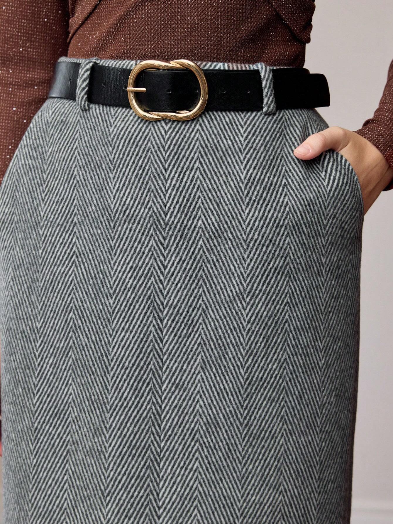 Jupe Midi Imprimé Chevron Ceinturée Noir