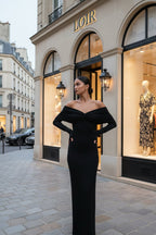 Robe Amara drapée à épaules dénudées et ligne sculptée