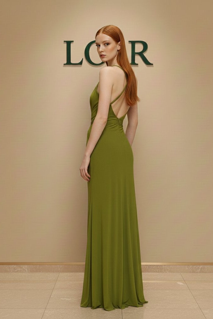 Robe Ophéliane satinée à encolure plongeante et nœud central