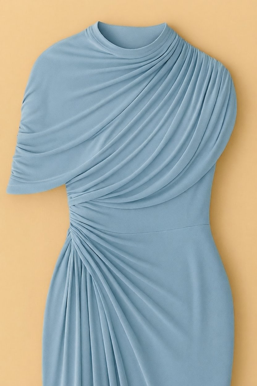 Robe Élise drapée en jersey bleu à taille haute