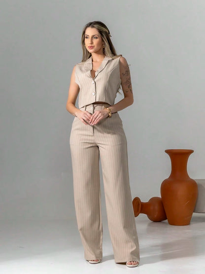 Ensemble Gilet et Pantalon Palazzo à Rayures Signature