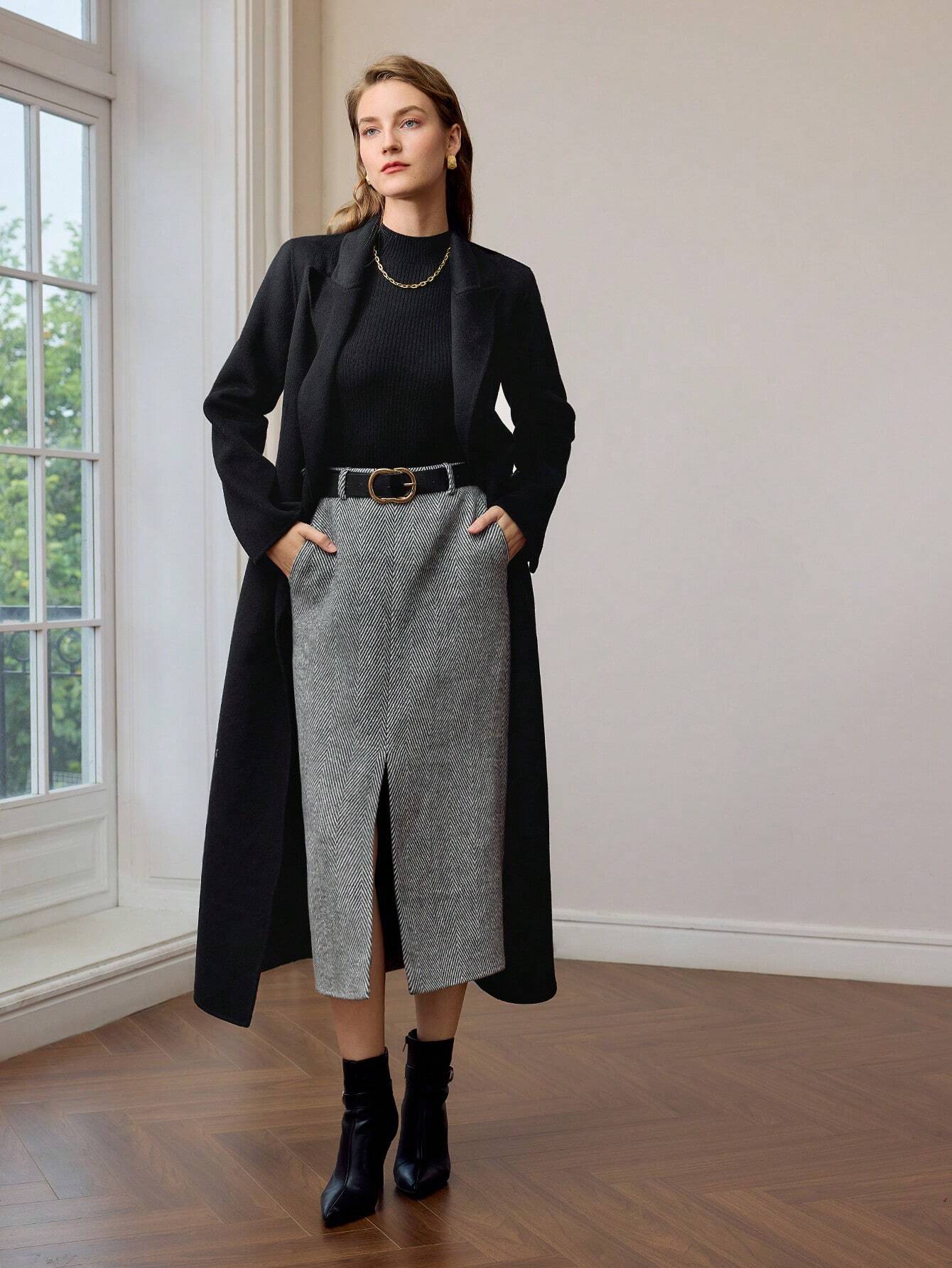 Jupe Midi Imprimé Chevron Ceinturée Noir
